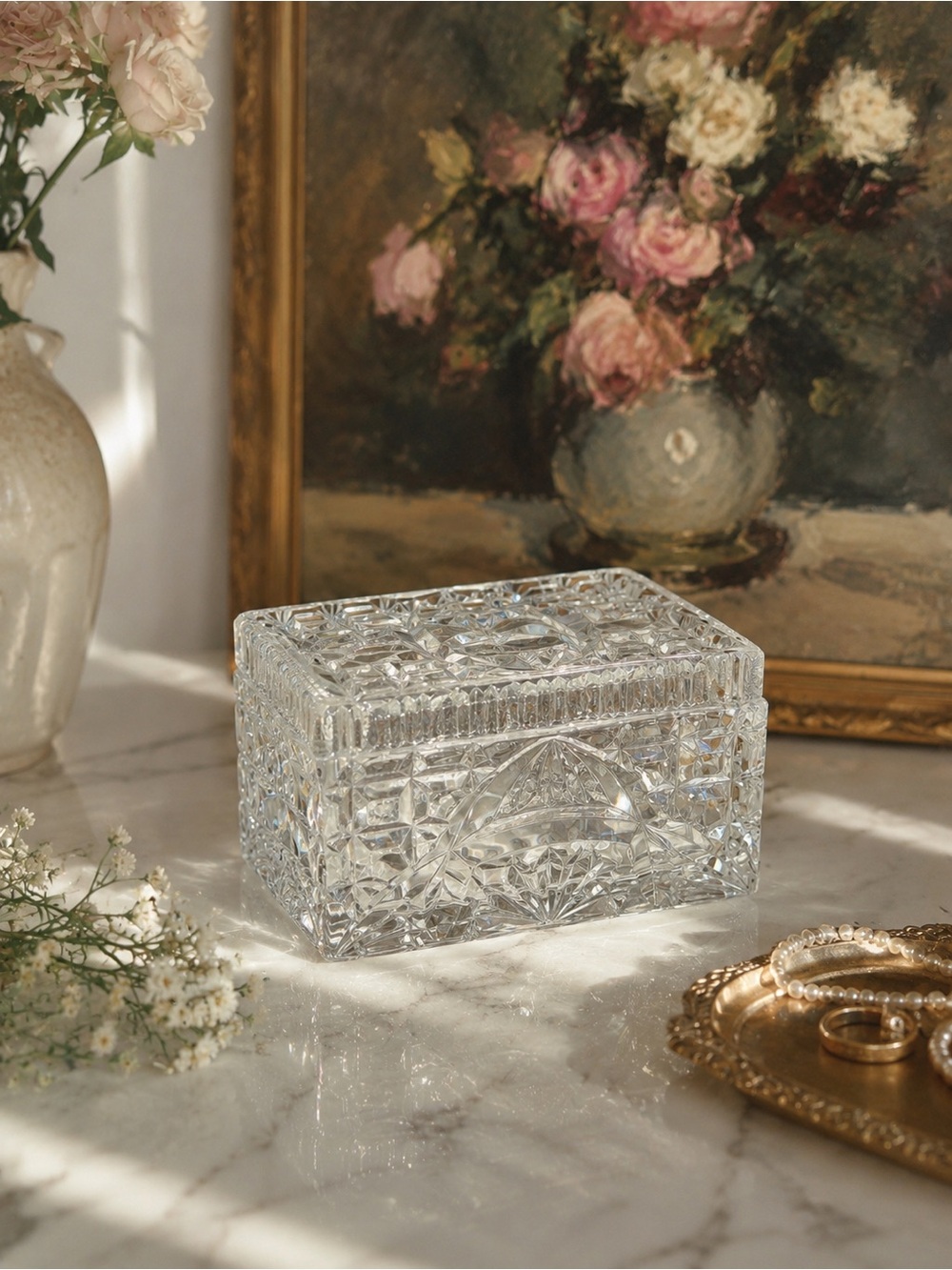 Vintage Pressed Cut Glass Vanity Trinket Jewelry Box with Lid
